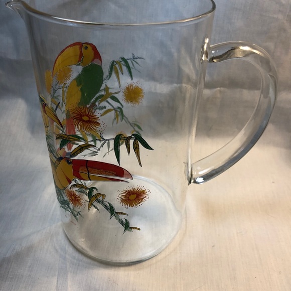Glass Pitcher by Cerve. Hand Painted Toucans and Flowers. Made in Italy. Rare. - Picture 3 of 6